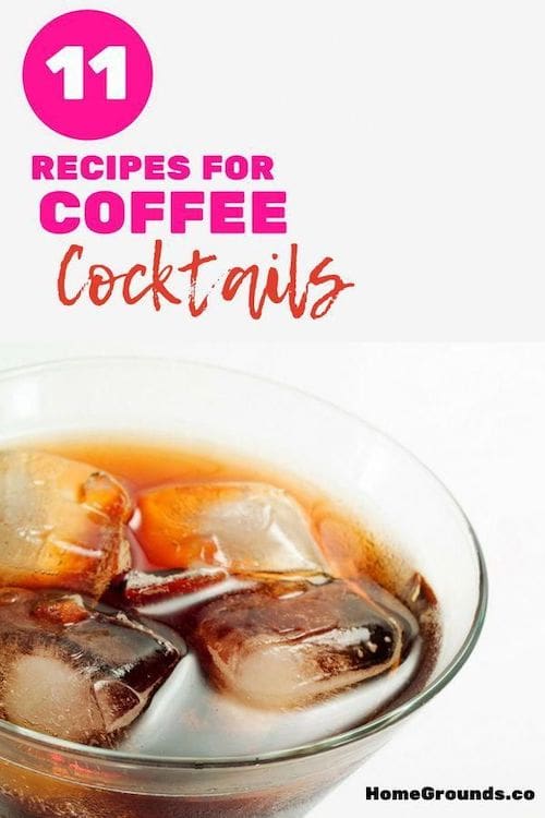 glass of coffee with ice cubes and text above 11 recipes for coffee cocktails