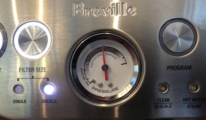 espresso brewing gauge with lights for hot water or steam, filter size, and cleaning