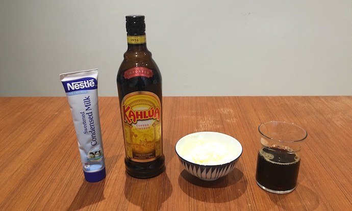 condensed milk, Kahlua liquor, cream and cold brew lined up