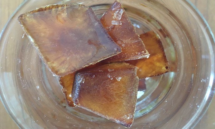 close up of cold brew ice cubes in a glass