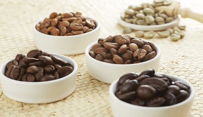 Coffee beans, from green to dark