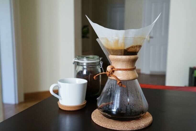 Coffee brewed with the Chemex on a table pour over coffee