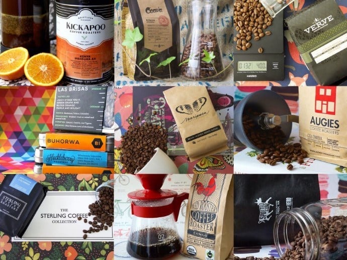 collage of coffee packages, beans, jars and coffee makers
