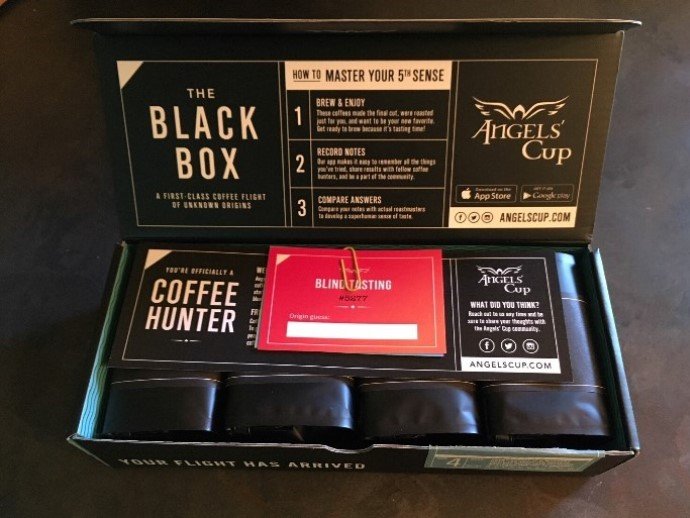 Angels Cup box filled with coffee packages