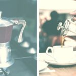 coffee poured from a pot and a machine