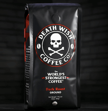 death wish coffee package in a black background