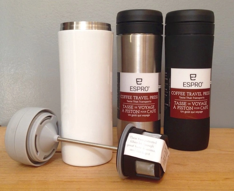 Three Espro Travel Presses on a table