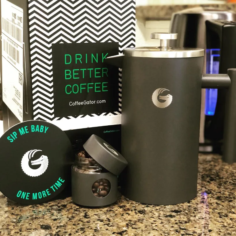 Coffee Gator French press with branded bean cannister