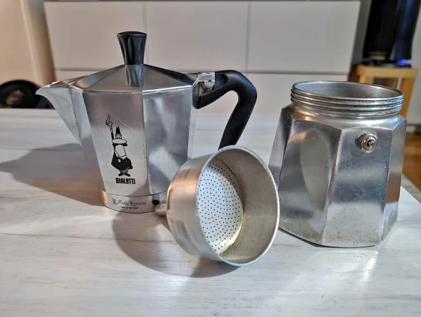The Bialetti Moka disassembled for cleaning