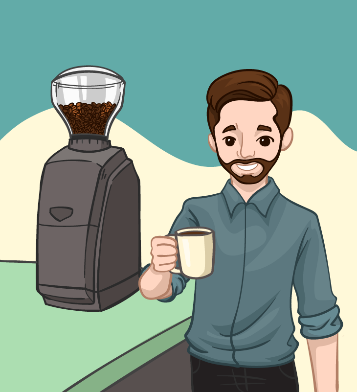 satisfied coffee drinker with a burr grinder