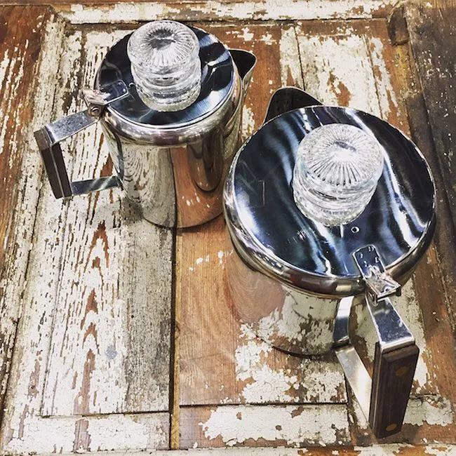 Two Tops Rapid Brew percolators on a wooden table