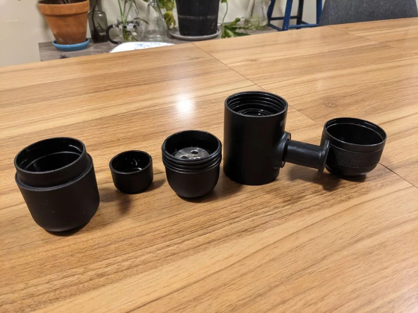 Wacaco Minipresso disassembled on kitchen table