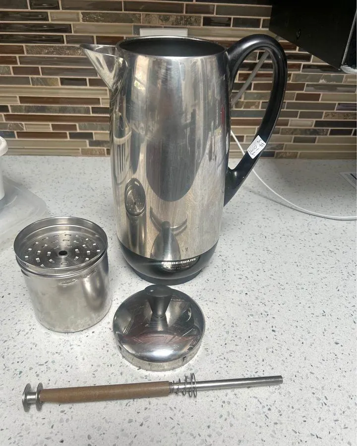 Farberware 142B Percolator disassembled on kitchen counter