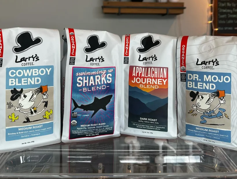 Selections of bags of Larry's Coffee