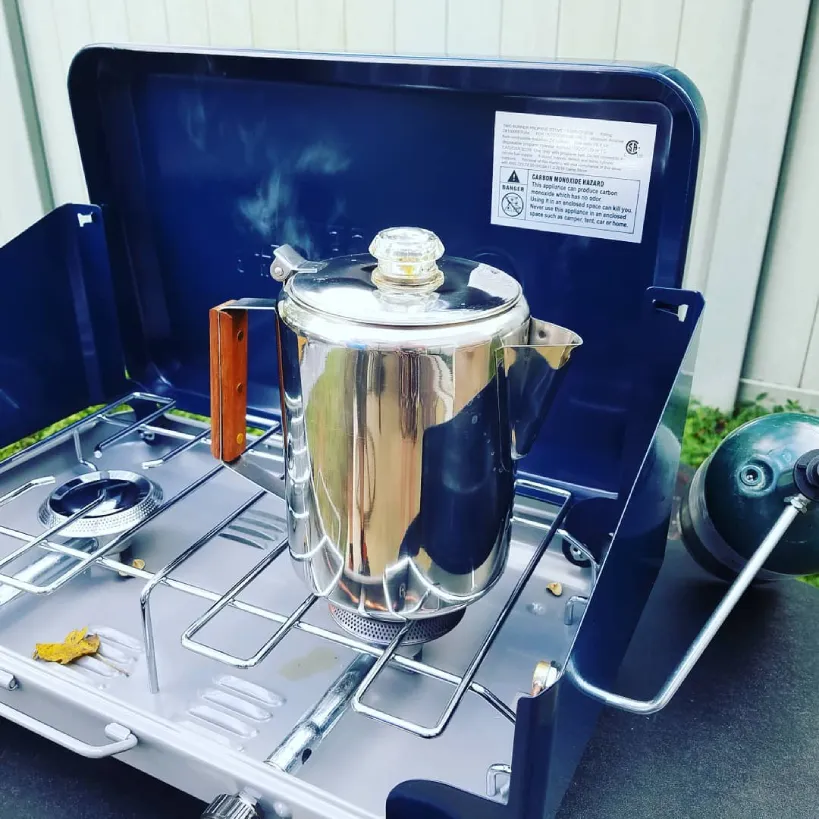 Coffee percolator on gas camping stove