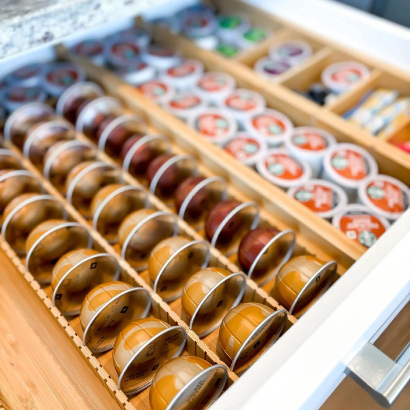 Drawer with compartments of different coffee pods